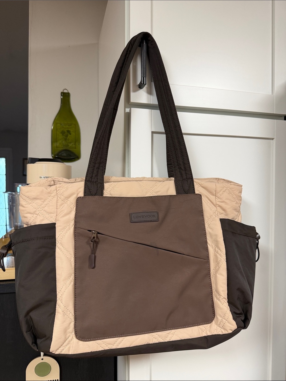Two-Tone Beige and Brown Quilted Laptop Bag